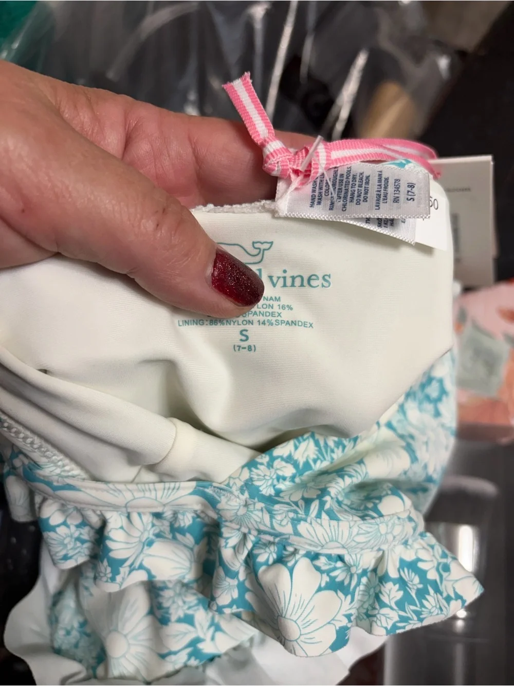 Vineyard Vines Aqua and White Floral Ruffle One-Piece Swimsuit